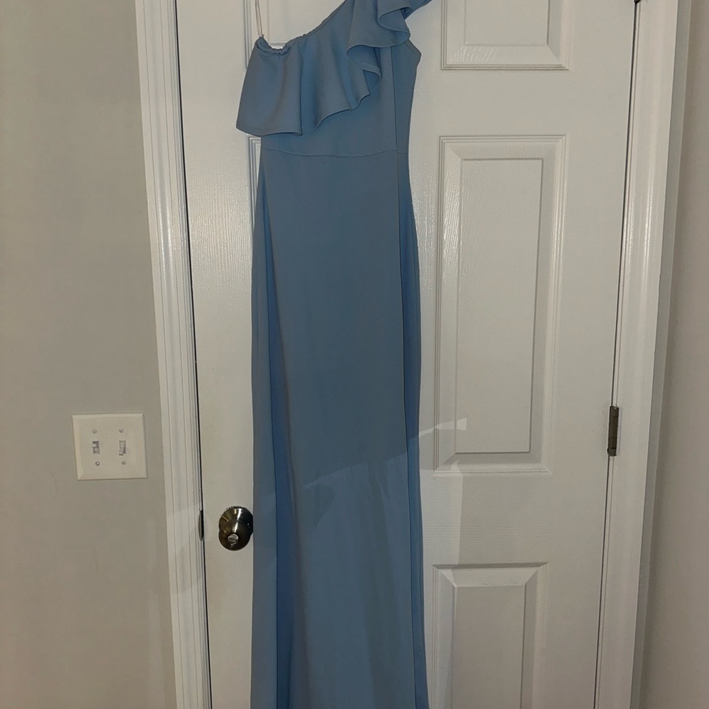 Lulu's Blue Asymmetrical Ruffled Gown